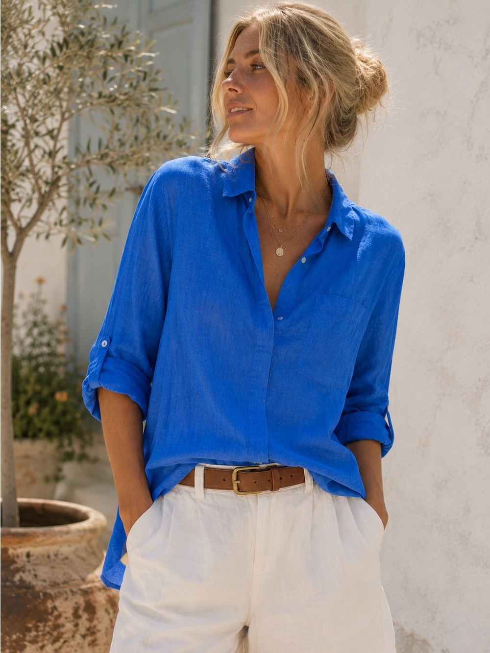 Tommy Hilfiger 100% Linen Blue Button Front Shirt Coastal Relaxed Large